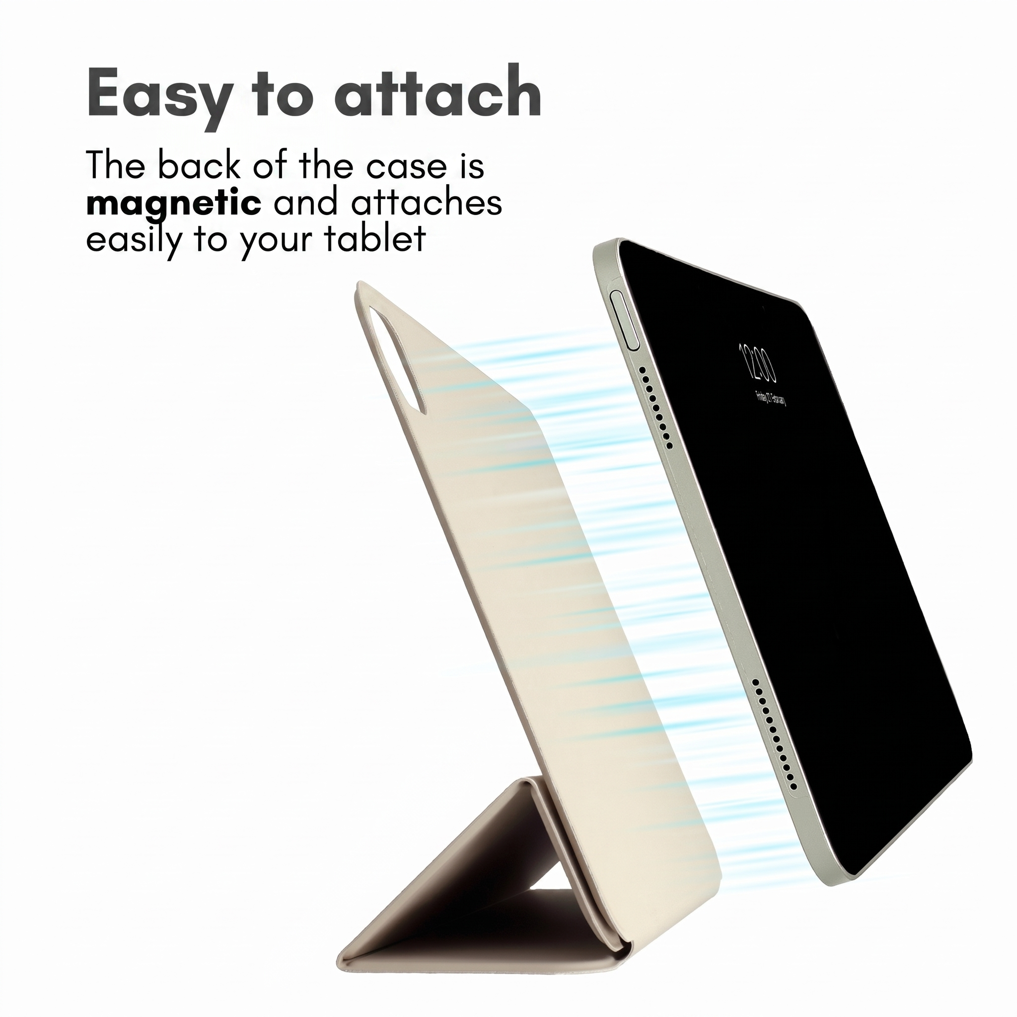 Une tablette se fixe magnétiquement à un étui clair, illustré par des lignes de connexion bleues.