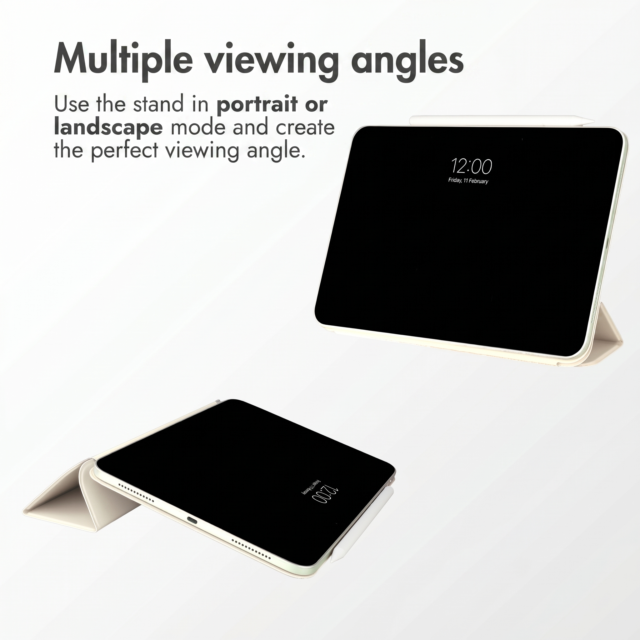 Deux tablettes sur supports affichant plusieurs angles de vue sur fond blanc avec du texte.
