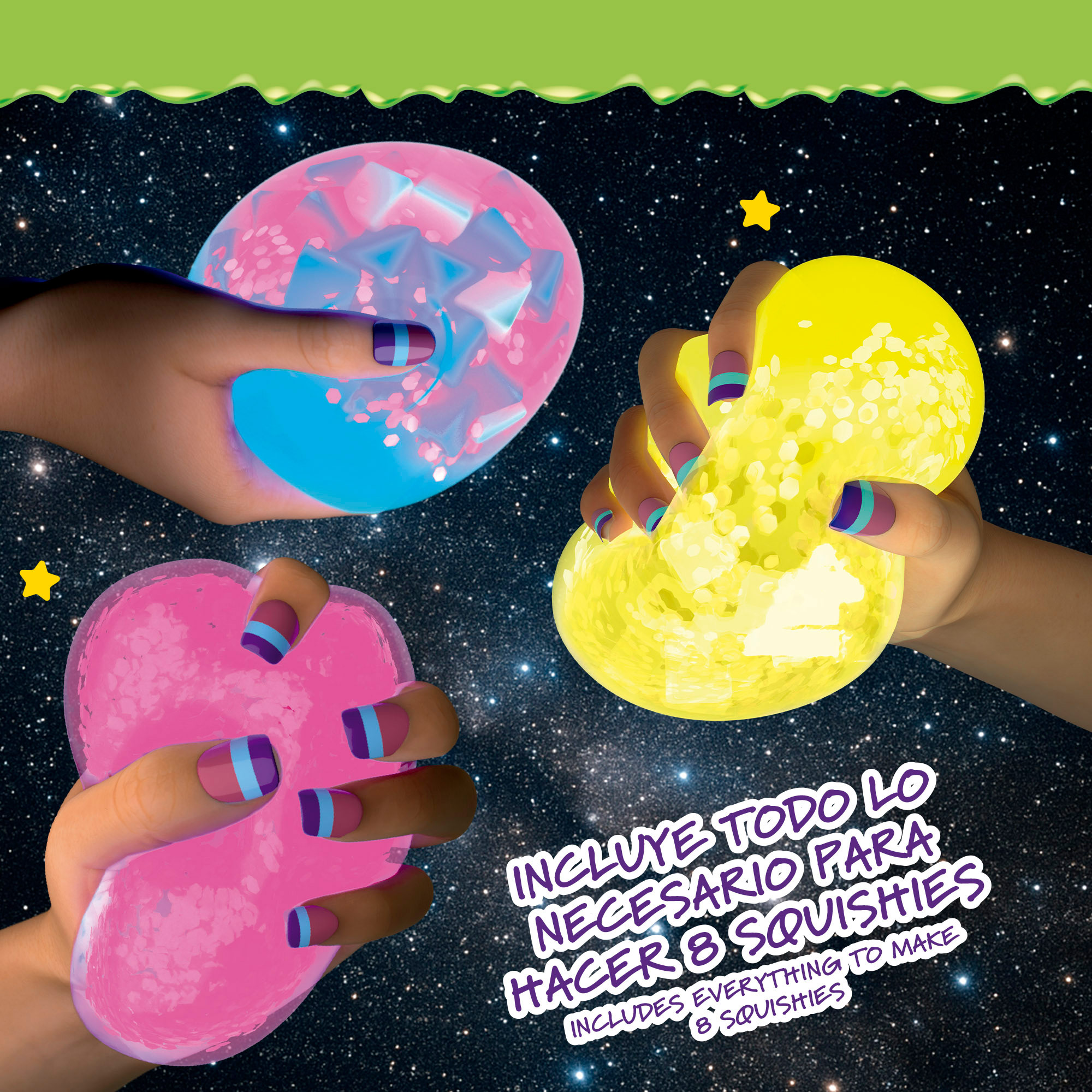 Manos aprietan juguetes blanditos de colores brillantes sobre un fondo estrellado con texto.