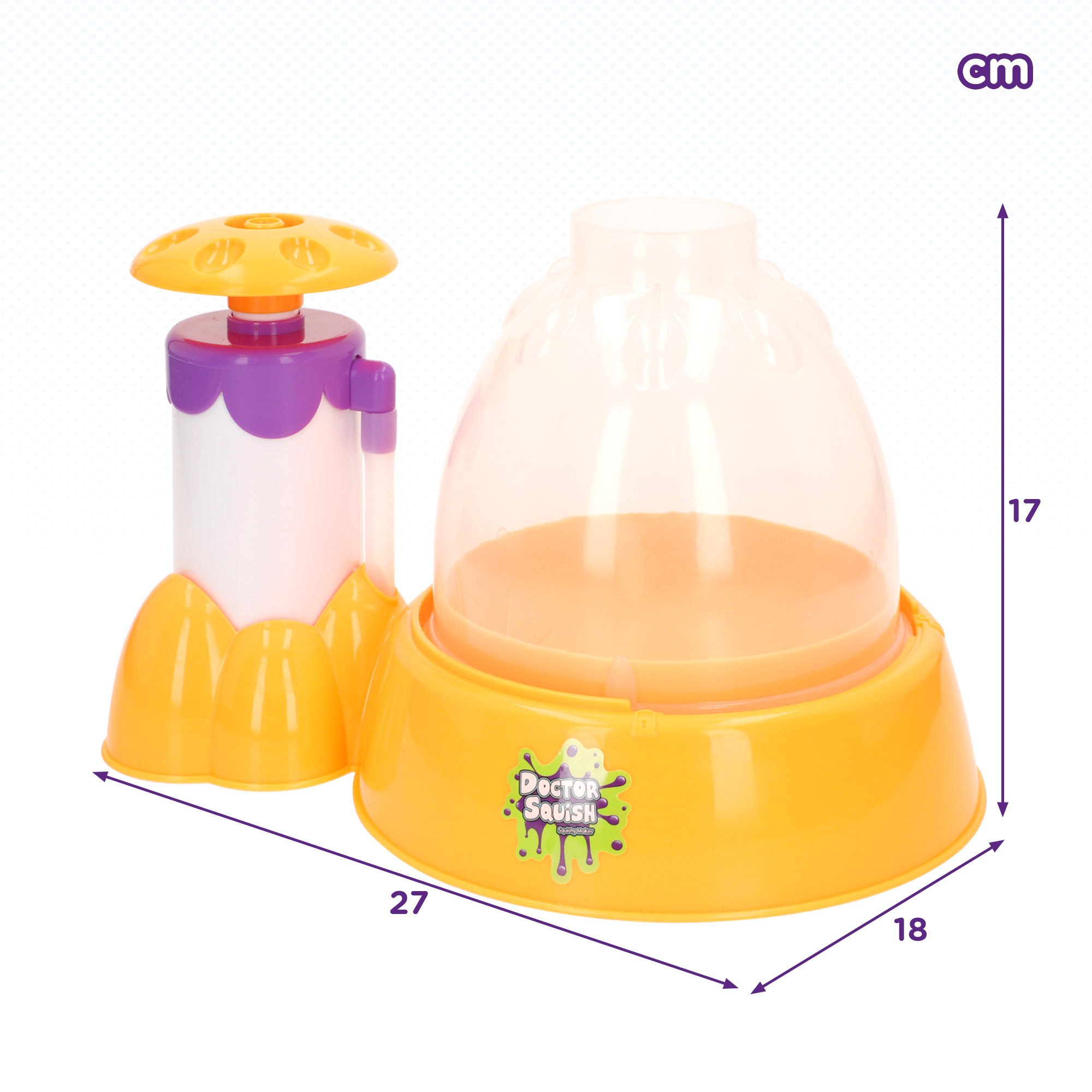 Un colorido juego de Doctor Squish con bomba y cúpula, con dimensiones de 27x18x17 cm.