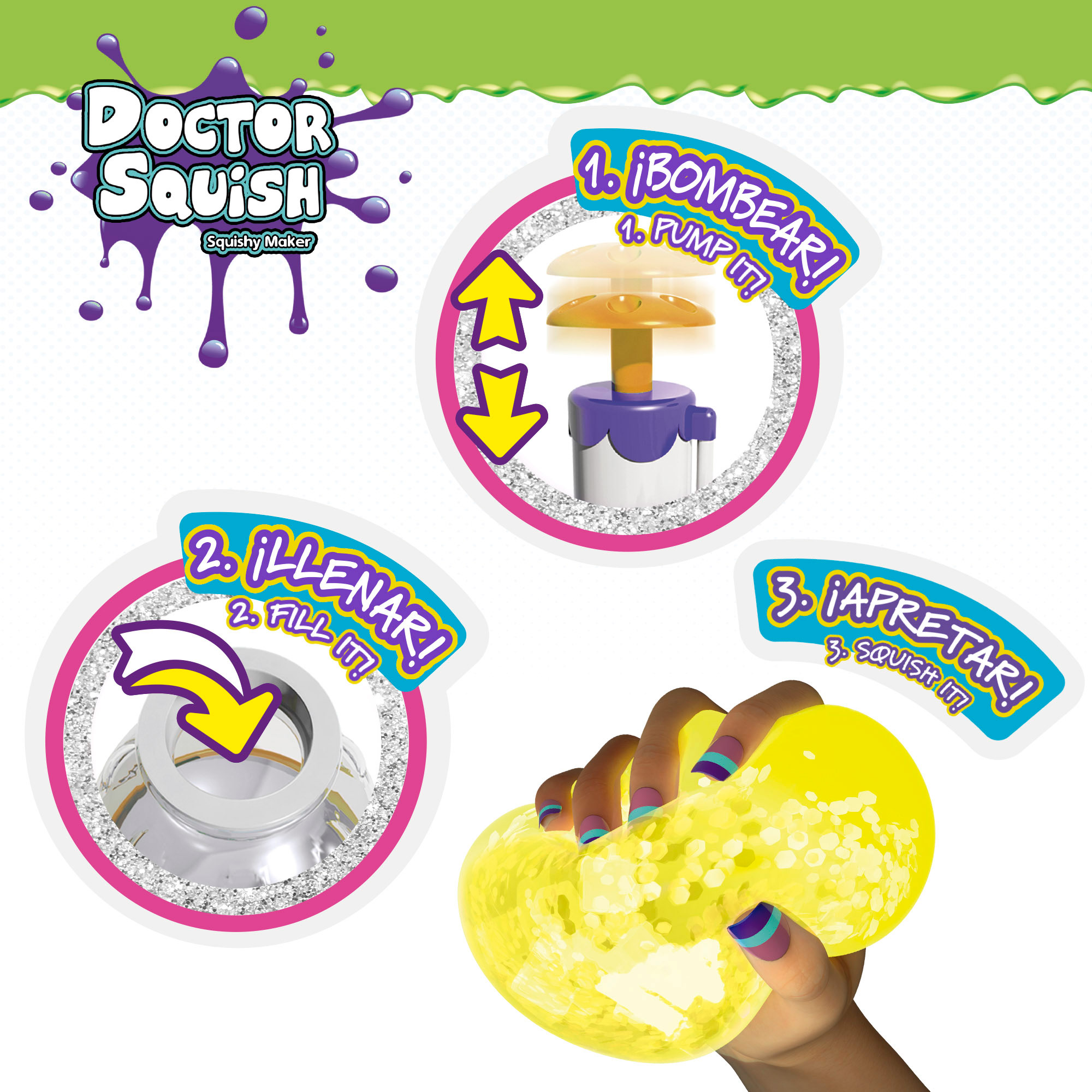 Instrucciones del Doctor Squish Maker para bombear, llenar y apretar un juguete brillante.