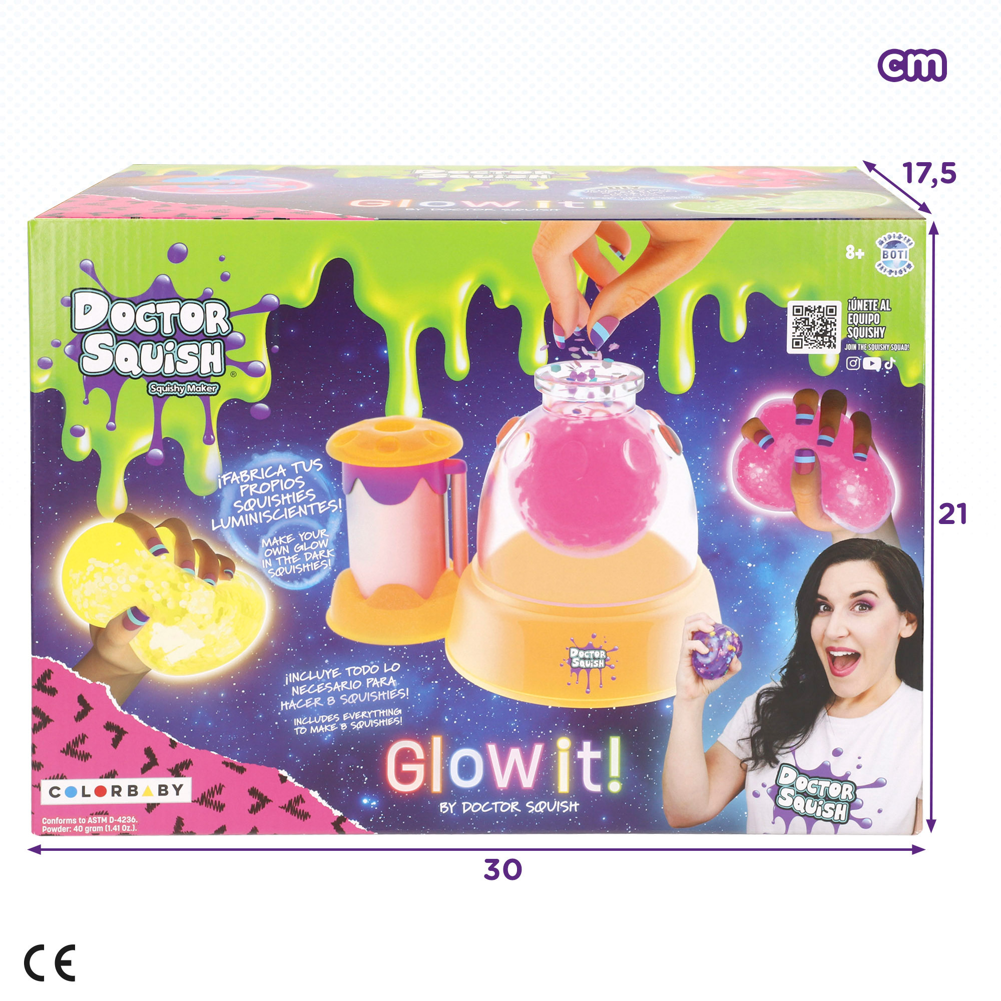 Caja de juguete Doctor Squish Glow it! con estación para hacer squishies, muestras de slime y mujer sonriendo.