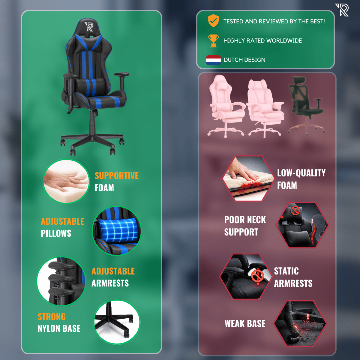 Gráfico comparativo que destaca las características de una silla de juego de calidad frente a alternativas.