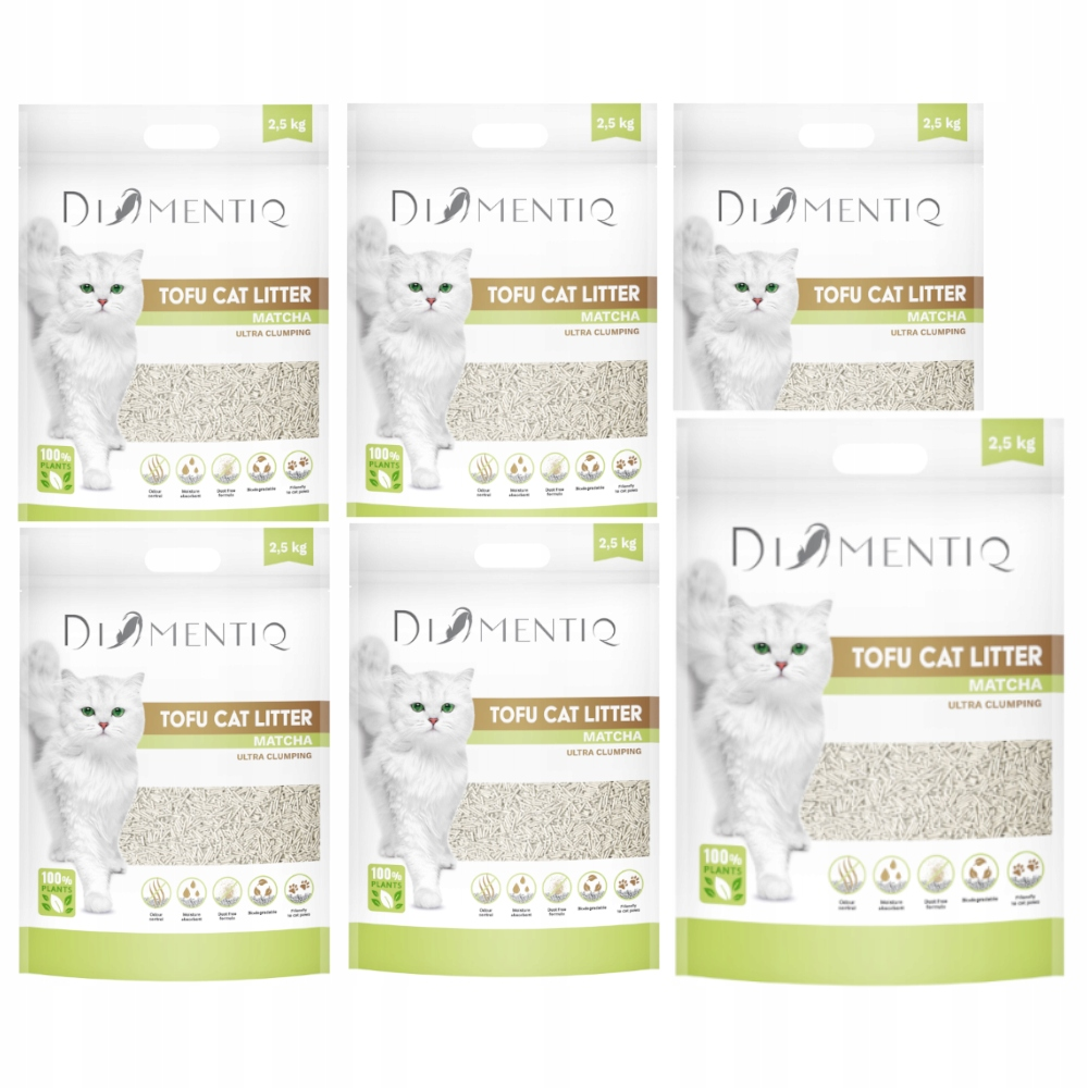 Sześć worków żwirku dla kota Diomentiq Tofu Matcha, po 2,5 kg każdy, z białym kotem.