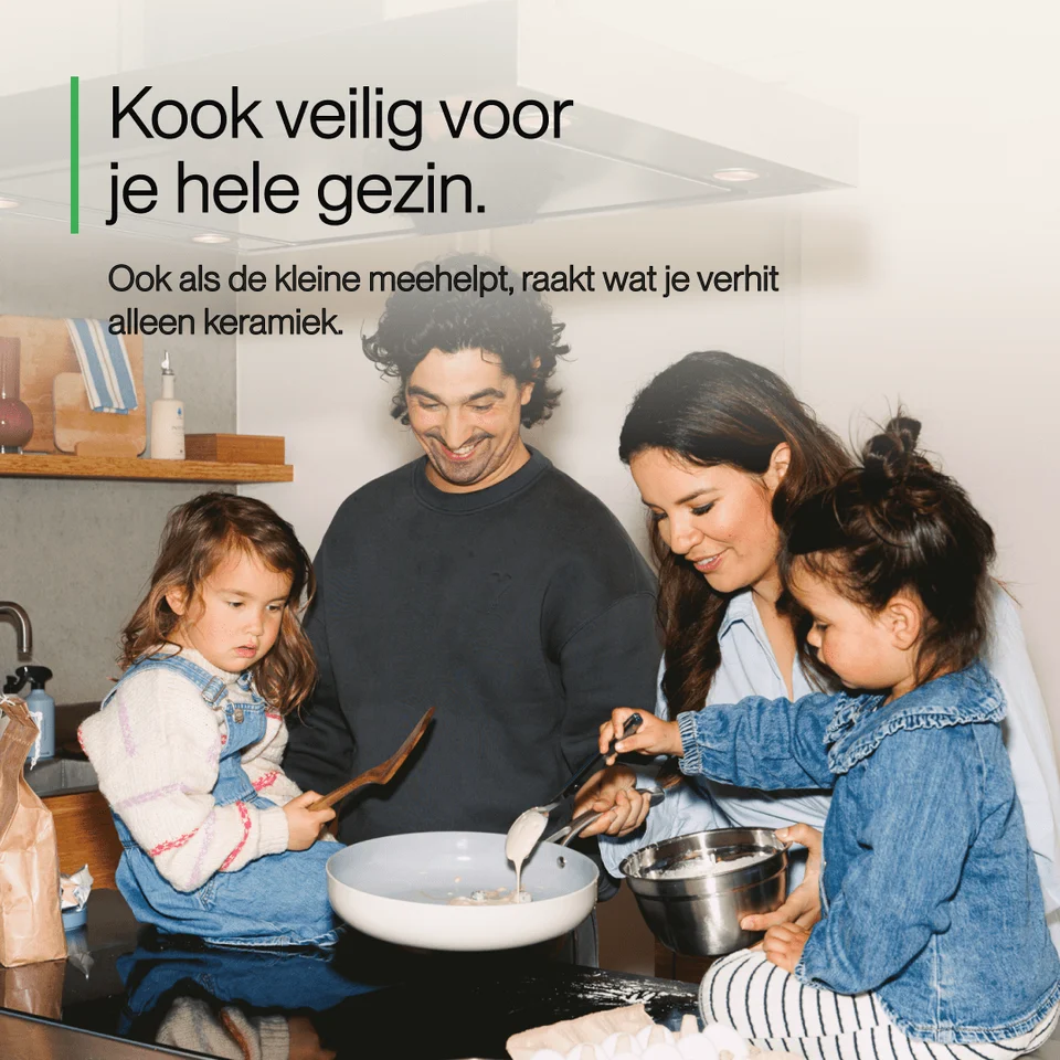 A family cooking together in a modern kitchen with text overlaid on top.