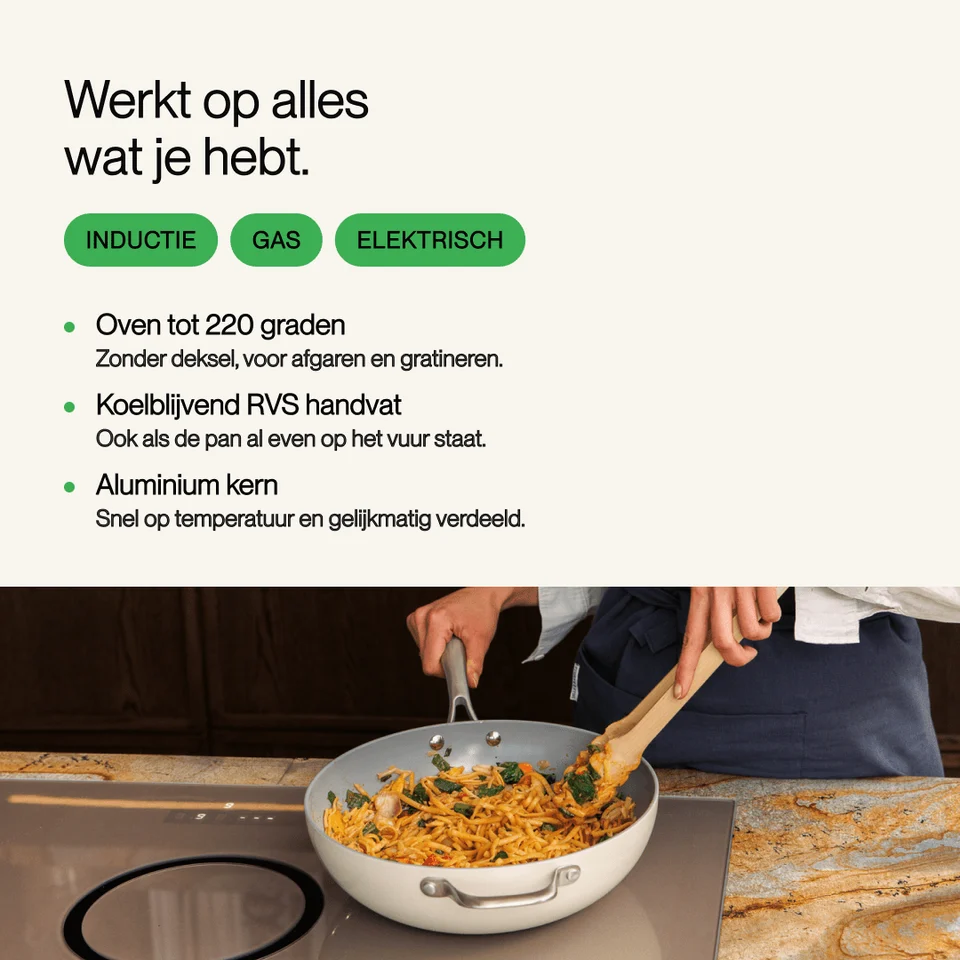 Product advertisement for pans with features and an image of a cook.