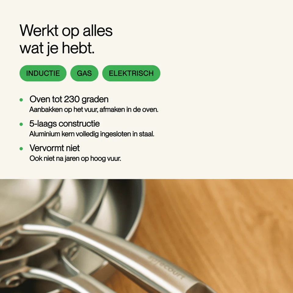 Product features and stainless steel pans on a wooden surface.