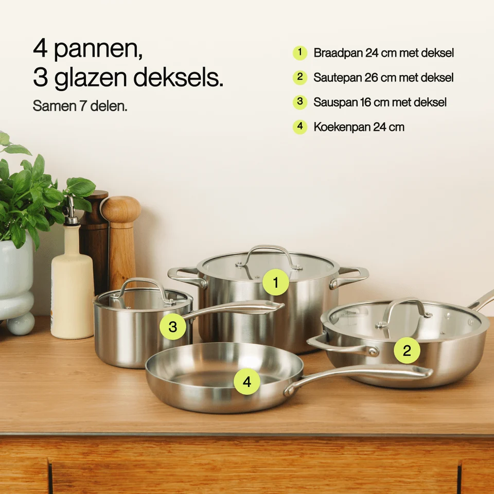 Four stainless steel pots and pans with glass lids are displayed on a wooden counter with text in Dutch.