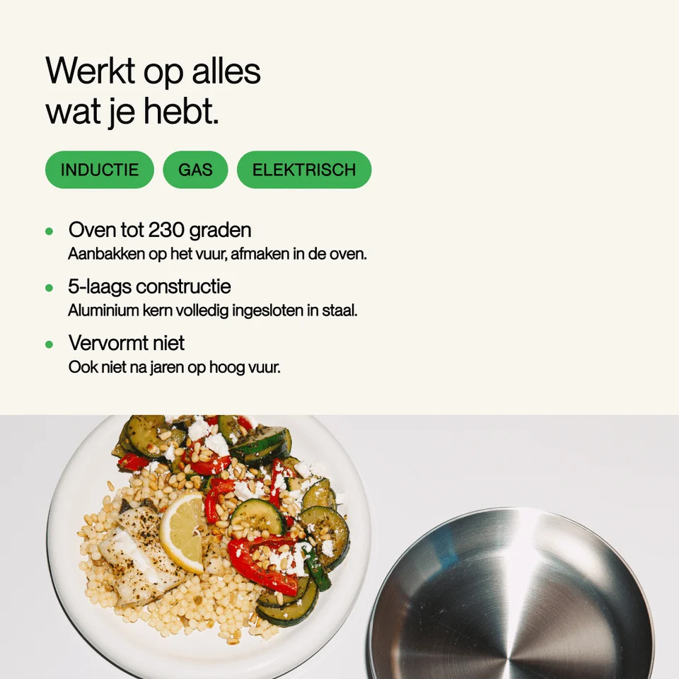 Dutch promotional image for cookware showing features and a plate of food with a pan.