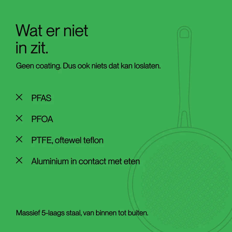 Green ad with Dutch text listing absent materials like PFAS and PTFE, and an outline of a frying pan.
