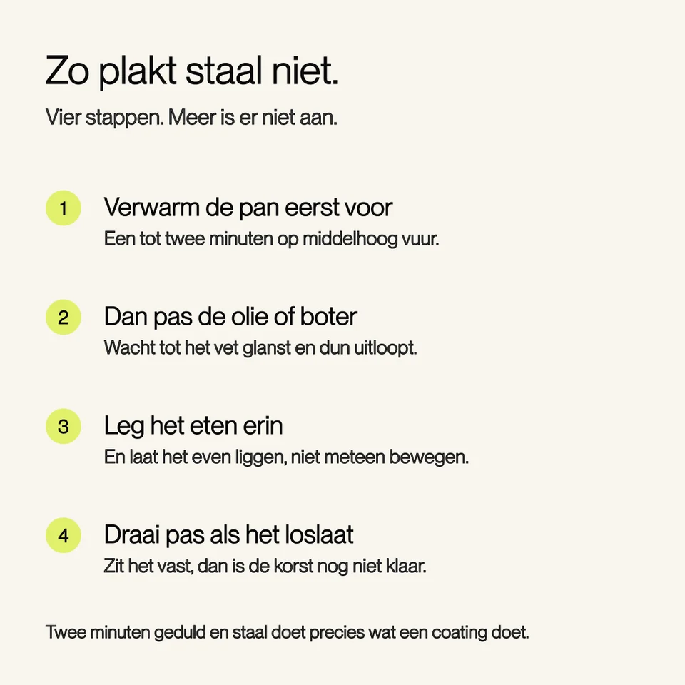 An instructional graphic in Dutch detailing four steps to prevent sticking when cooking with steel pans.