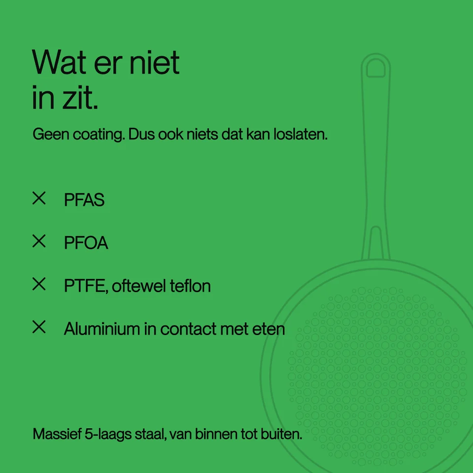 Green background with text and pan outline, highlighting PFAS and PTFE-free features.
