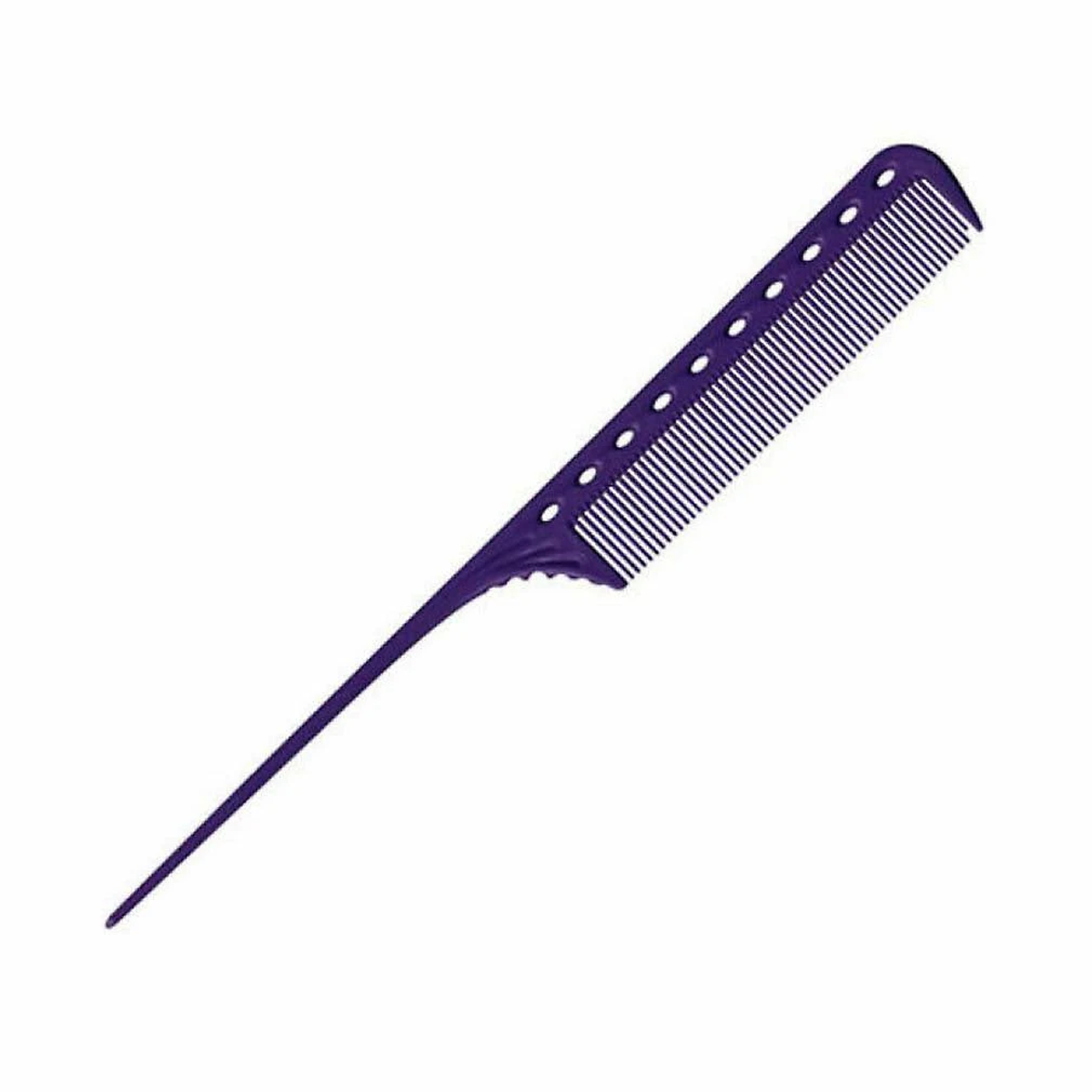 Un pettine per capelli viola con denti fini e un manico lungo a punta, su sfondo bianco.