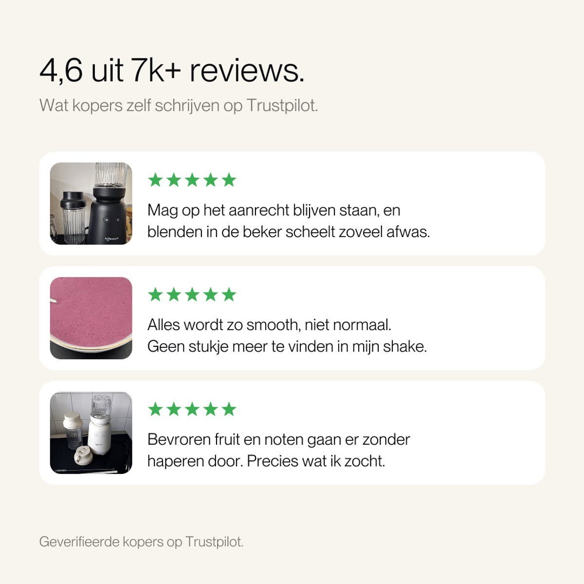 Trois avis Trustpilot avec cinq étoiles vertes et des commentaires de clients sur un blender.