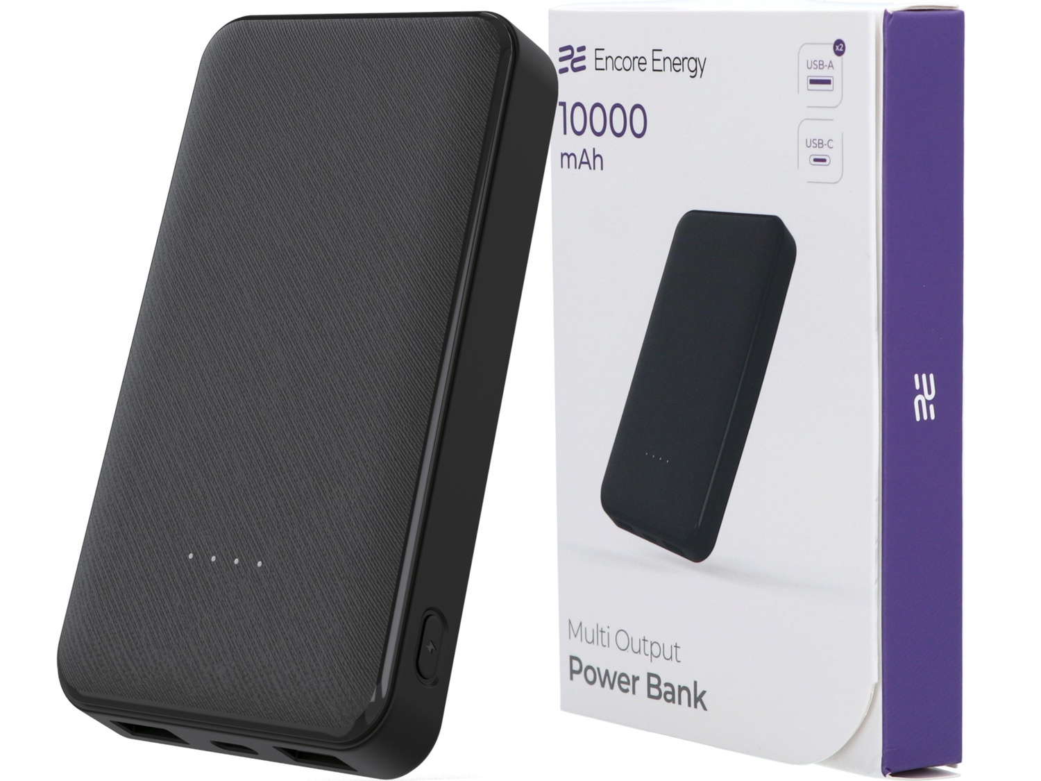 Czarny powerbank Encore Energy 10000mAh obok swojego białego i fioletowego pudełka.