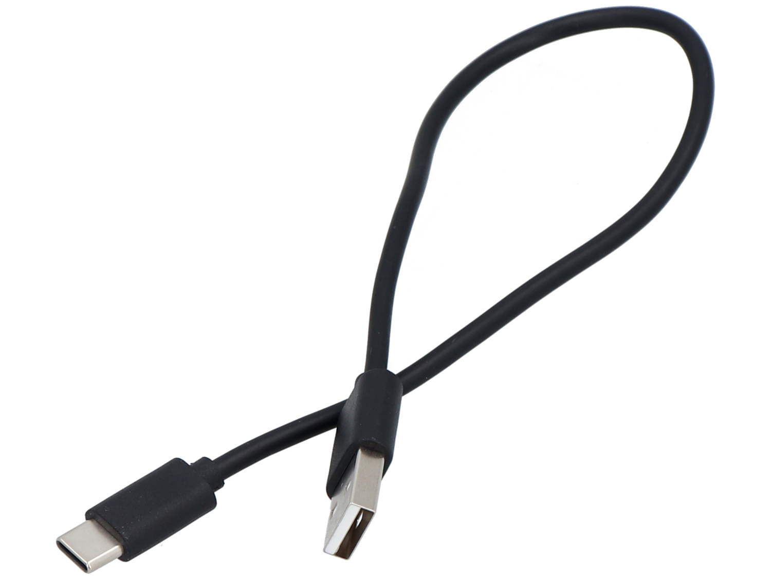 Krótki czarny kabel USB z złączem USB-C i USB-A.