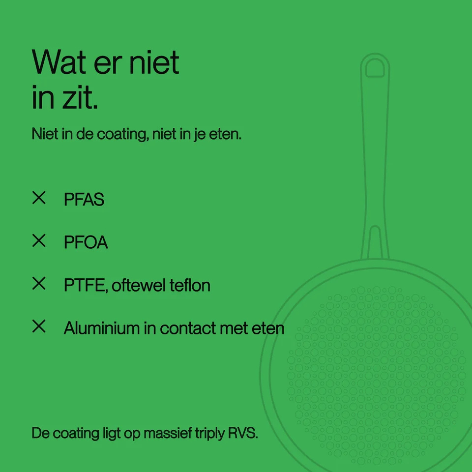 Green ad highlighting PFAS-free cookware with a pan outline and text listing absent chemicals.