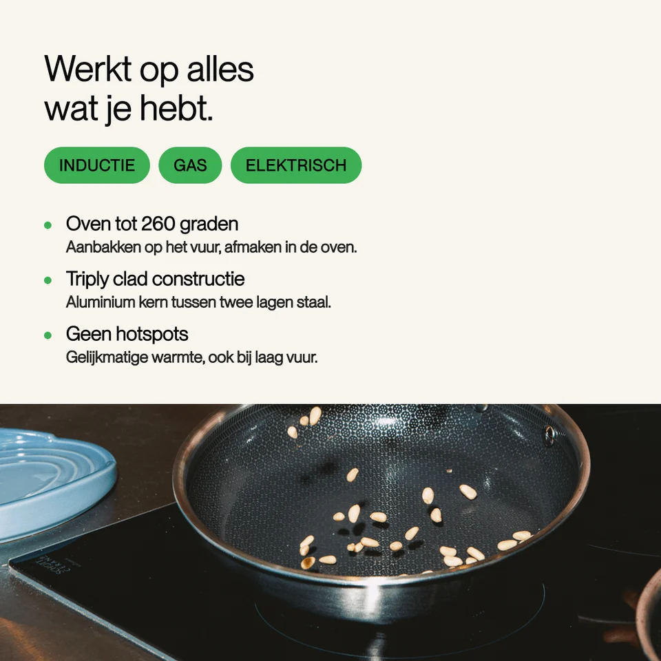 Text about pan features in Dutch, with an image of pine nuts being tossed in a frying pan on a stovetop.