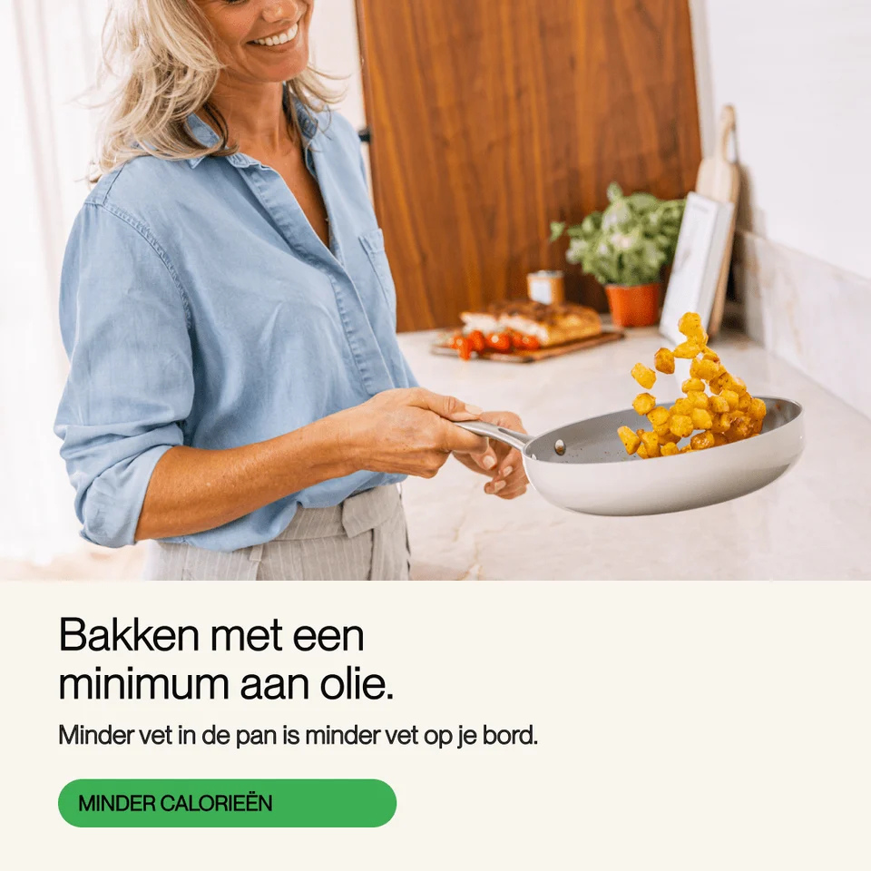 A woman in a blue shirt flips potatoes in a pan. Text below.