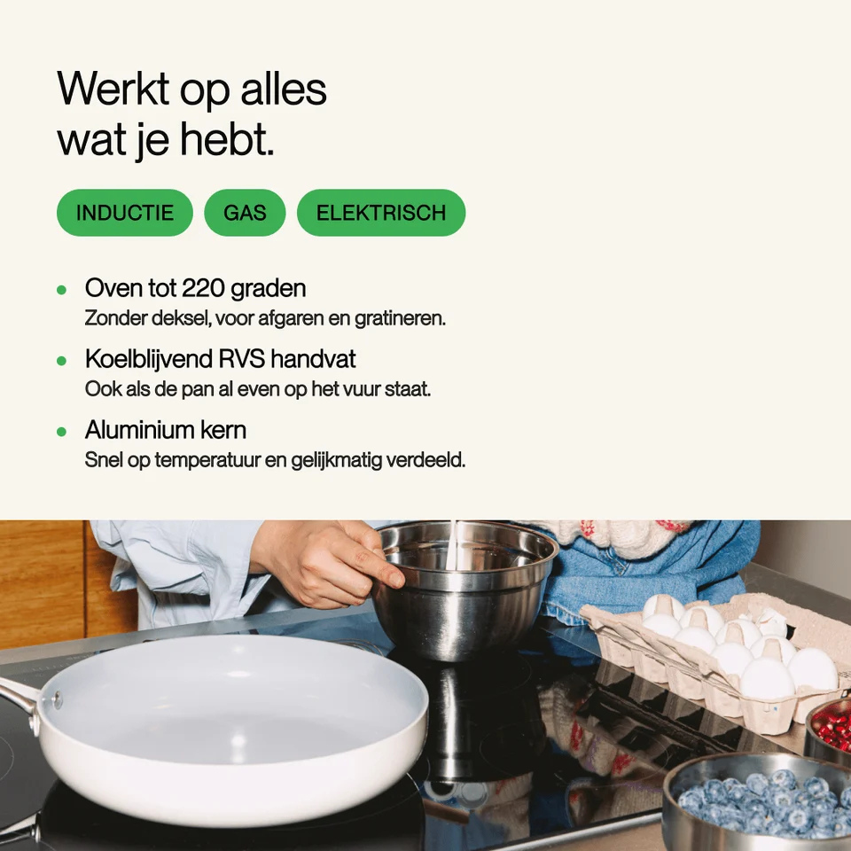 Product features and text in Dutch with a cooking scene showing a white pan, eggs, and blueberries on a stove.