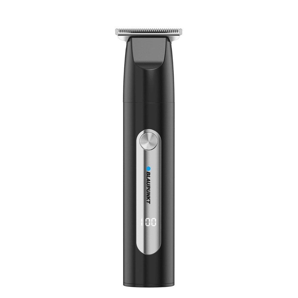 Un tagliacapelli nero con lama argentata e manico verticale con pannello argentato e display digitale.