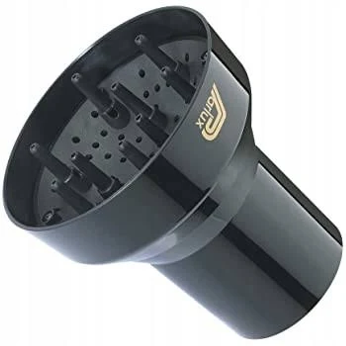Diffusore per asciugacapelli nero con punte e logo dorato su sfondo bianco.