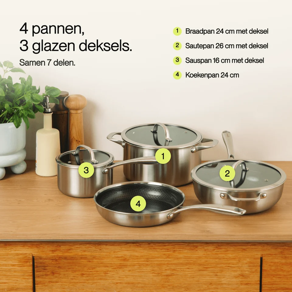 Four silver pots and pans with glass lids are arranged on a wooden countertop next to a plant.