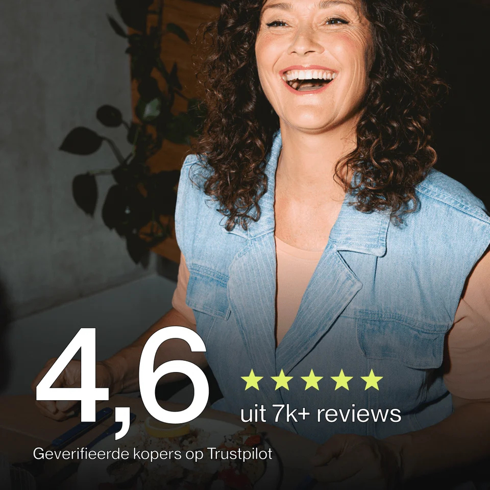 Happy woman in a denim vest, overlaid with text "4.6 out of 7k+ reviews" and five yellow stars.