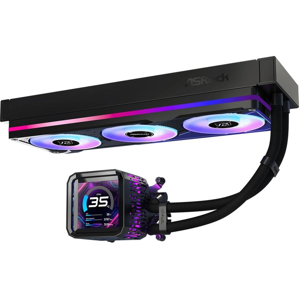 Czarny chłodnik cieczowy procesora ASRock z trzema wentylatorami RGB i wyświetlaczem.