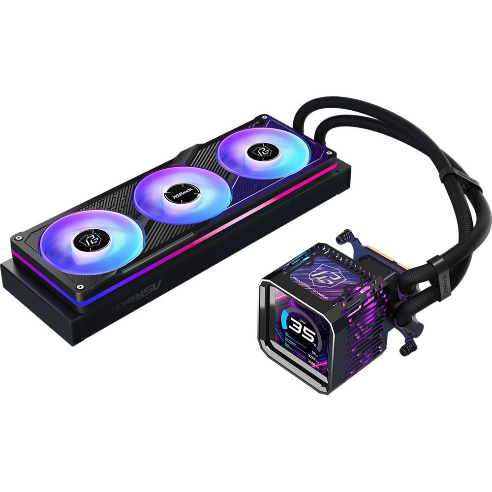 Czarny chłodnik wodny AIO z trzema wentylatorami RGB i ekranem LCD na bloku CPU.