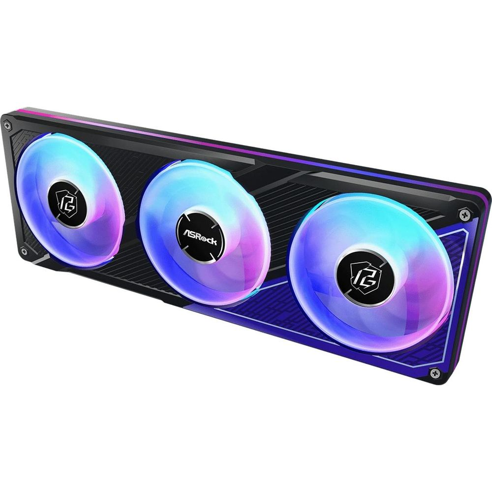 Czarny radiator chłodzenia cieczą ASRock z trzema świecącymi wentylatorami RGB.