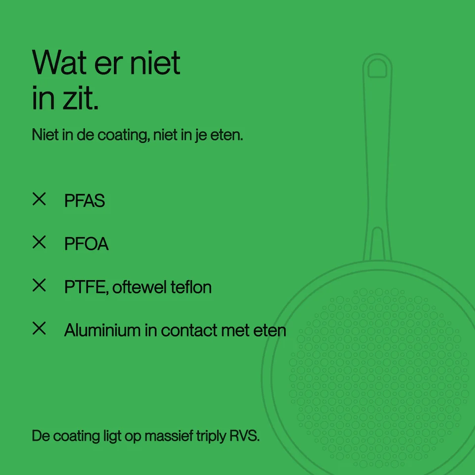 Green infographic lists chemical-free pan features next to an outline of a frying pan.