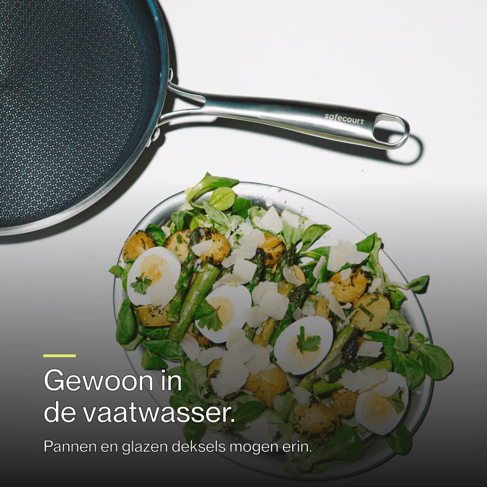 A frying pan with a honeycomb pattern and a plate of salad with potatoes, boiled eggs, and cheese.