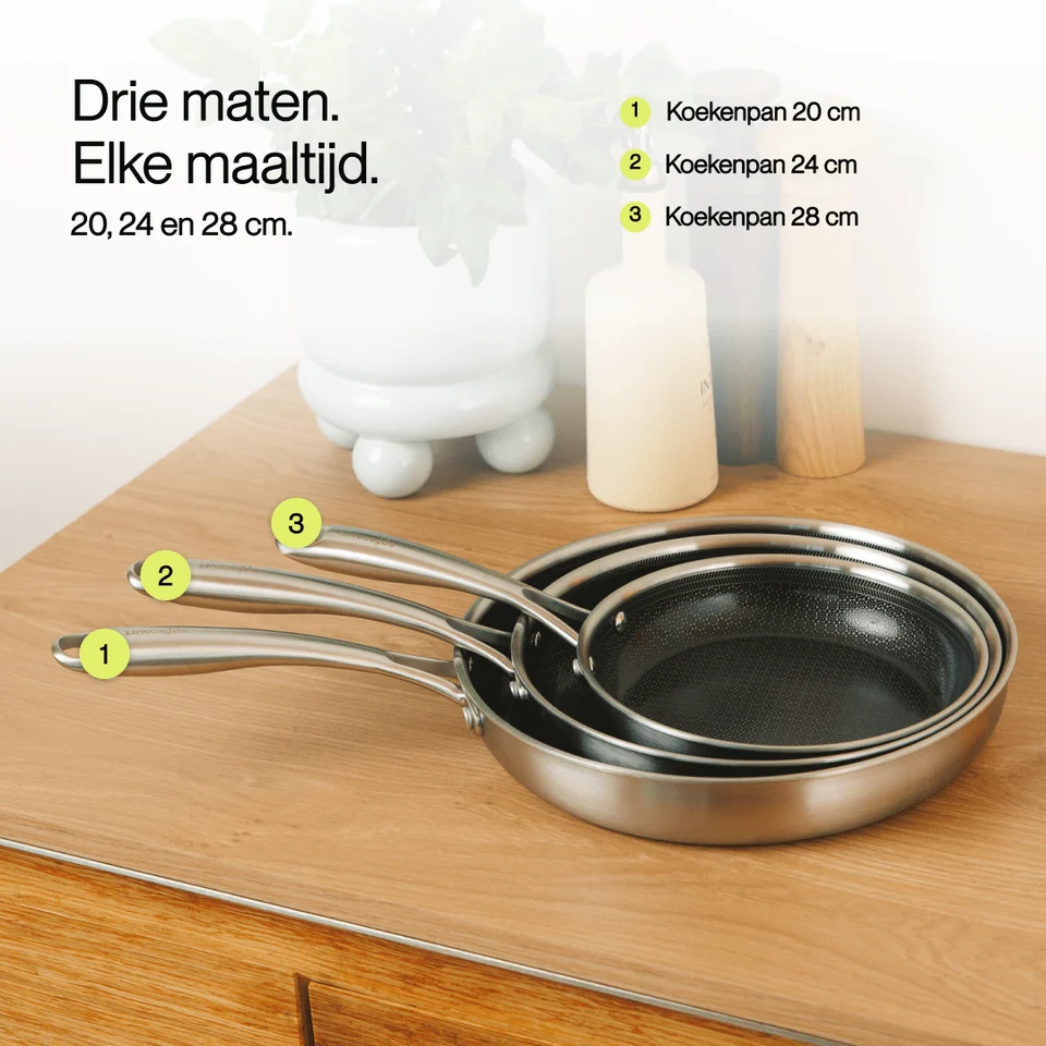 Three frying pans sized 20, 24, and 28 cm are stacked on a wooden counter in front of a light wall.
