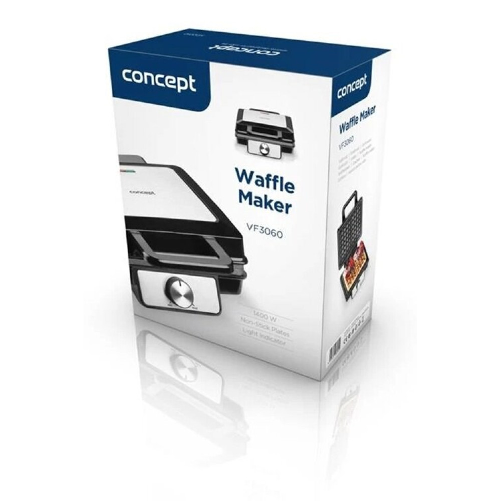 Opakowanie produktu do gofrownicy Concept, model VF3060, ze zdjęciami produktu na białym tle.