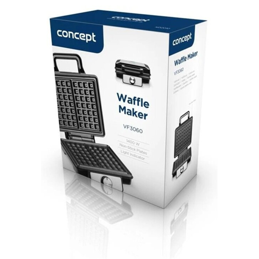 Pudełko produktu Concept Waffle Maker VF3060 ze zdjęciami otwartej gofrownicy i szczegółami.