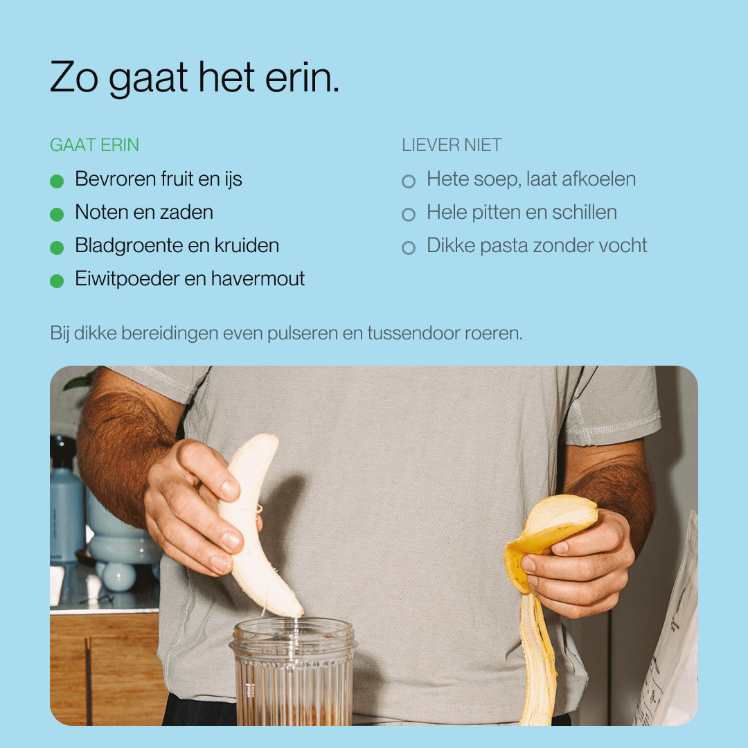 Infographie pédagogique sur le mixeur, avec un homme éelant une banane.