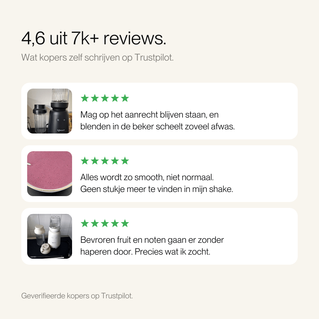Trois avis Trustpilot avec cinq étoiles vertes, des photos d'utilisateurs et des commentaires positifs sur un blender.
