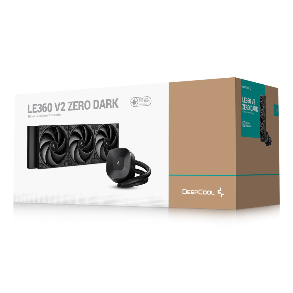 Pudełko chłodzenia wodnego CPU DeepCool LE360 V2 ZERO DARK z trzema czarnymi wentylatorami i pompą na białym tle.
