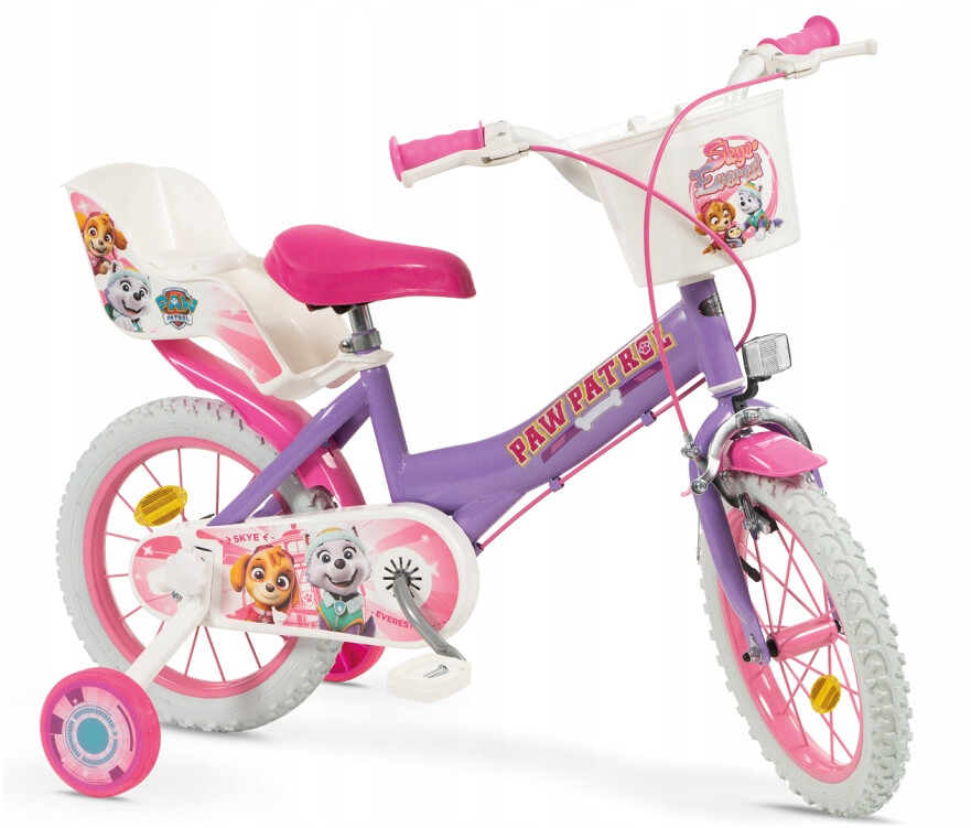 Rower dla dzieci Paw Patrol w kolorze fioletowym i różowym z koszykiem i kółkami.