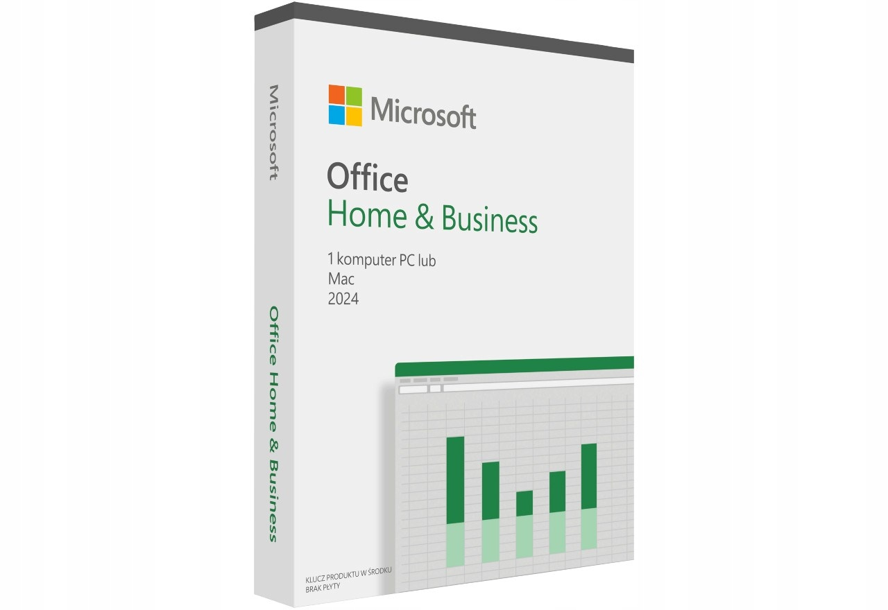 Pudełko oprogramowania Microsoft Office Home & Business 2024 w kolorze białym z wykresem.