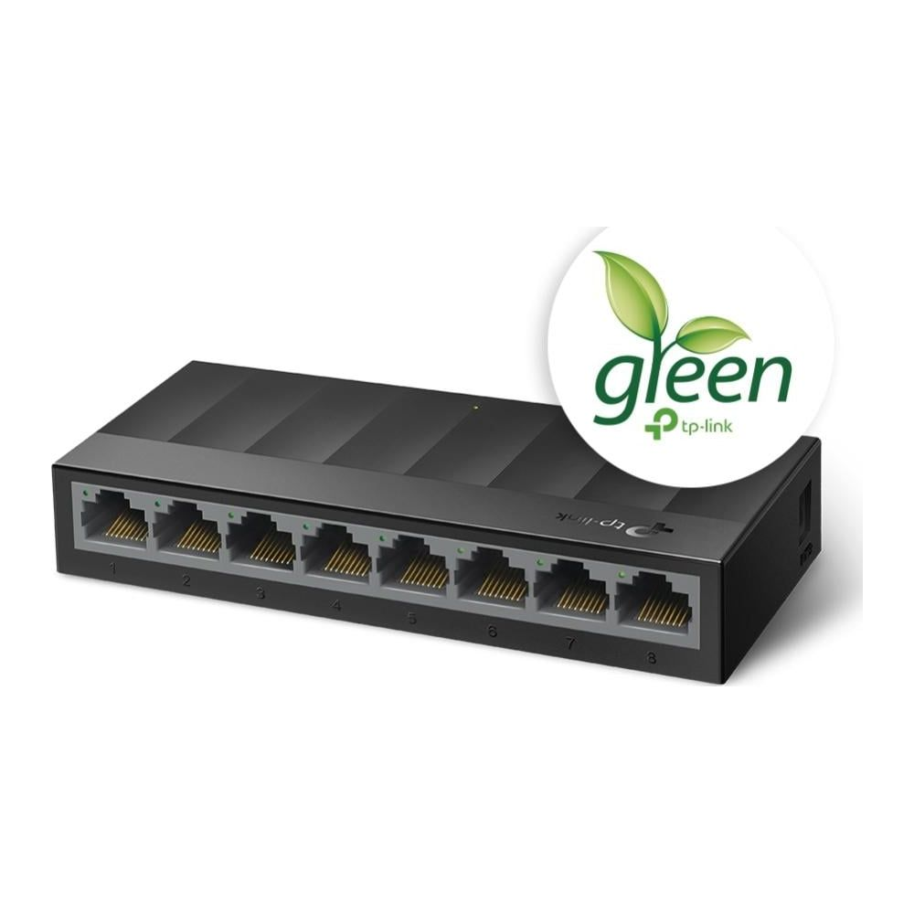 Czarny przełącznik sieciowy TP-Link z ośmioma oznaczonymi portami Ethernet i zielonym logo "Green".