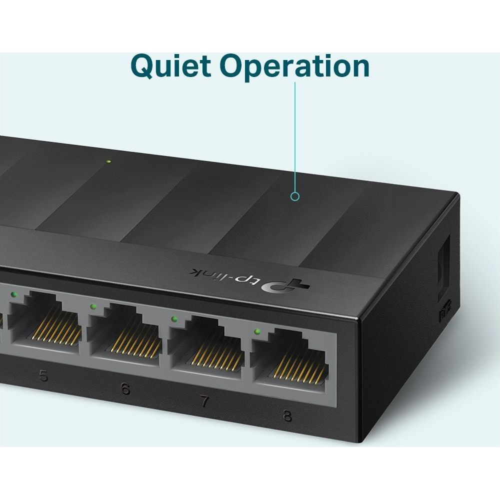 Czarny switch sieciowy TP-Link z numerowanymi portami ethernet i napisem Cicha praca.