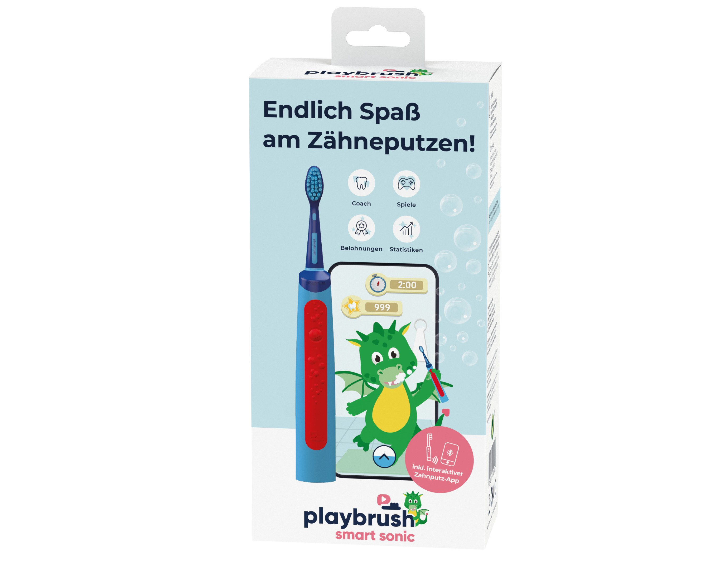 Confezione di uno spazzolino blu Playbrush Smart Sonic con connessione app e un drago.