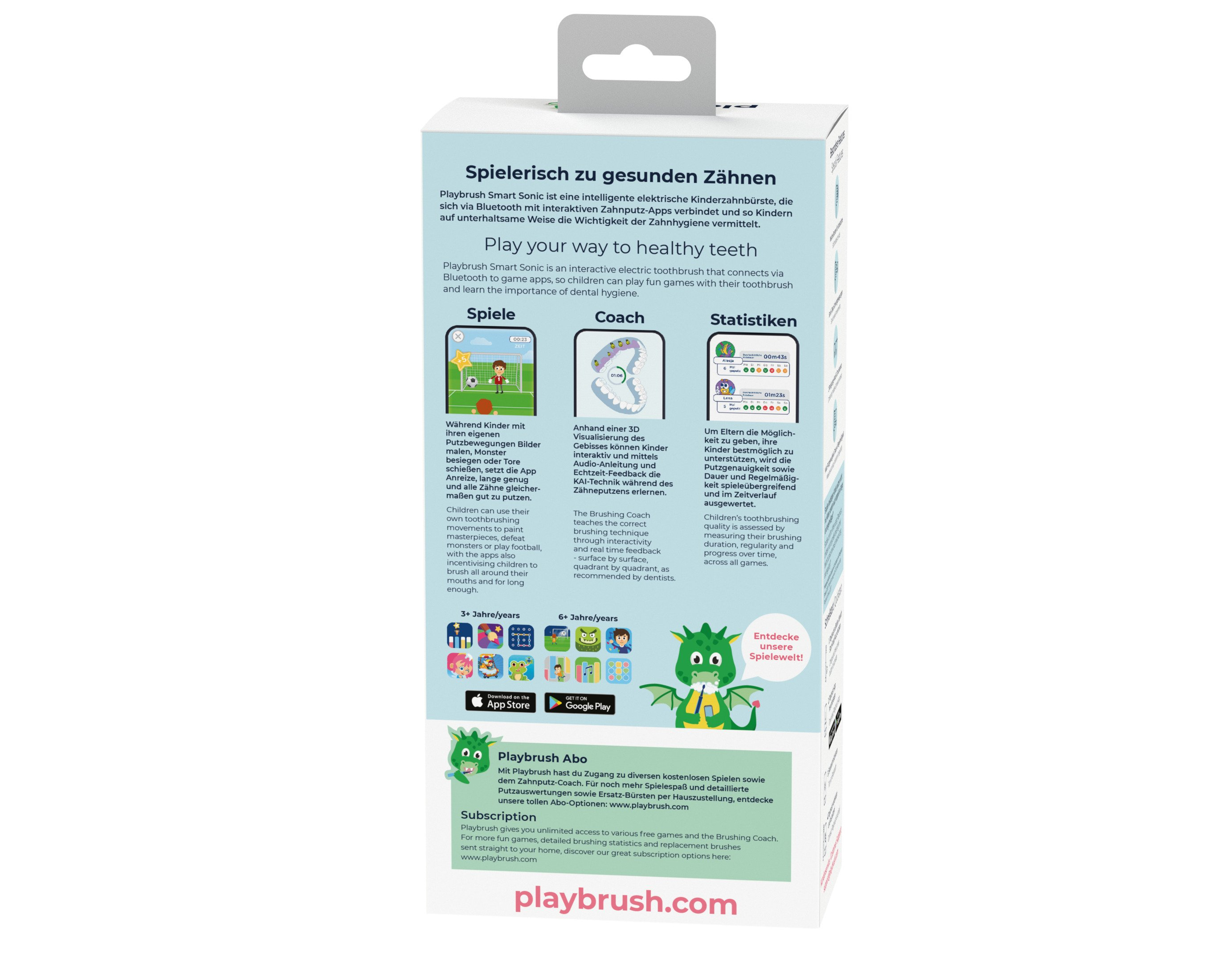 Retro della confezione del prodotto Playbrush con descrizioni di giochi, allenatore e statistiche in tedesco e inglese.