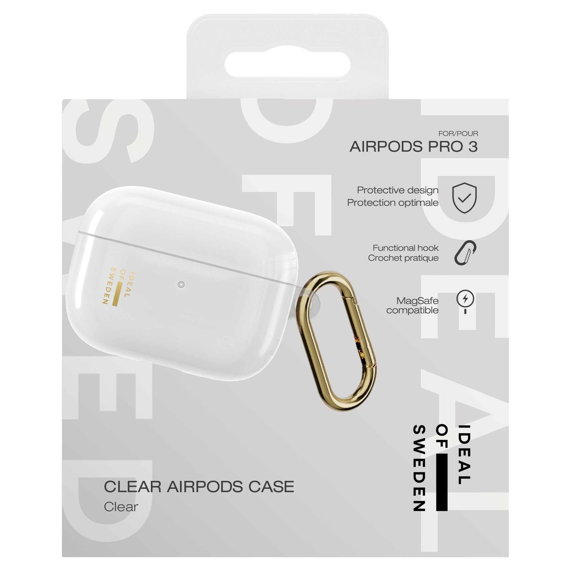 Eine transparente AirPods Pro 3 Hülle in der Verpackung mit goldenem Karabiner.