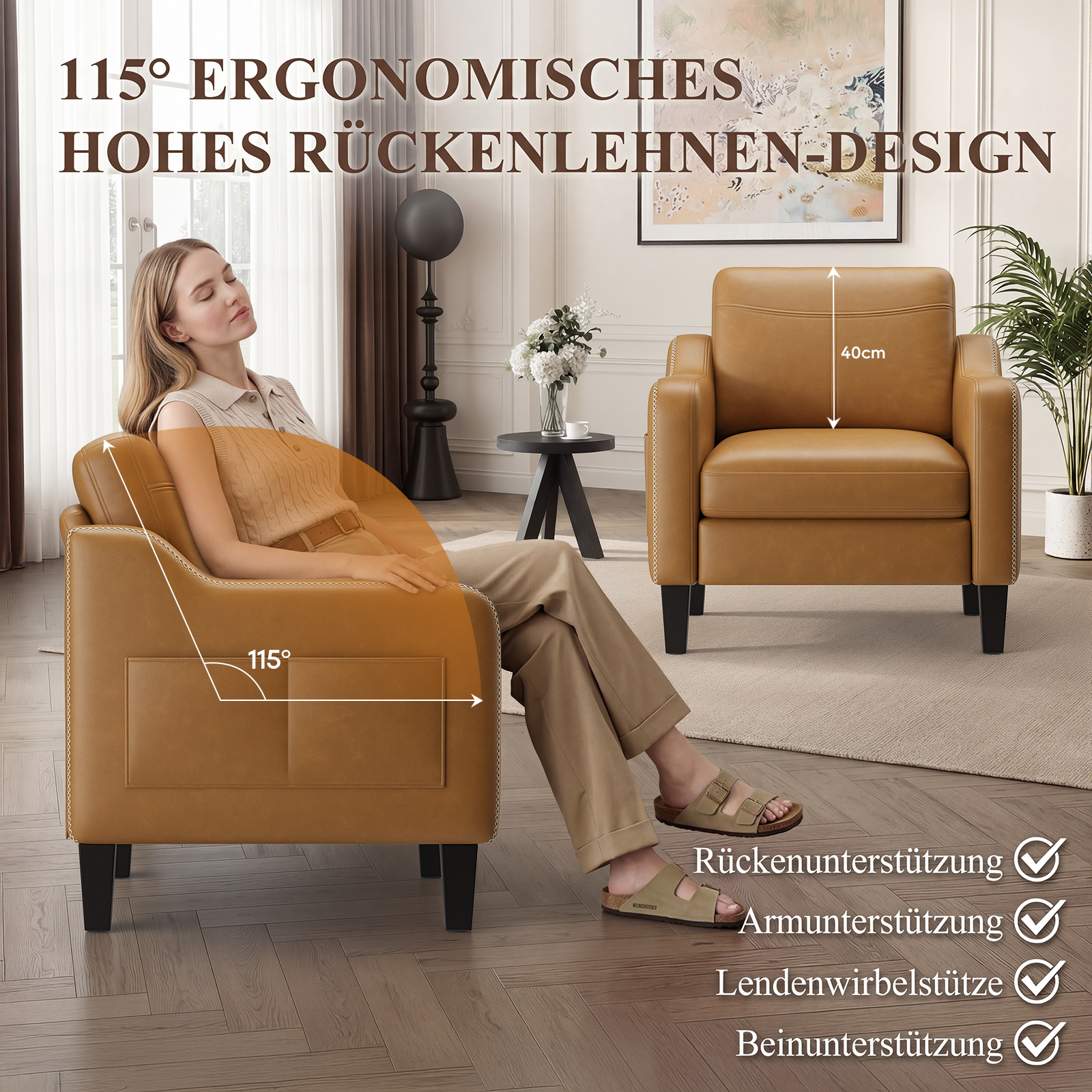 Una donna si rilassa in una poltrona di pelle marrone con design ergonomico e schienale a 115 gradi.