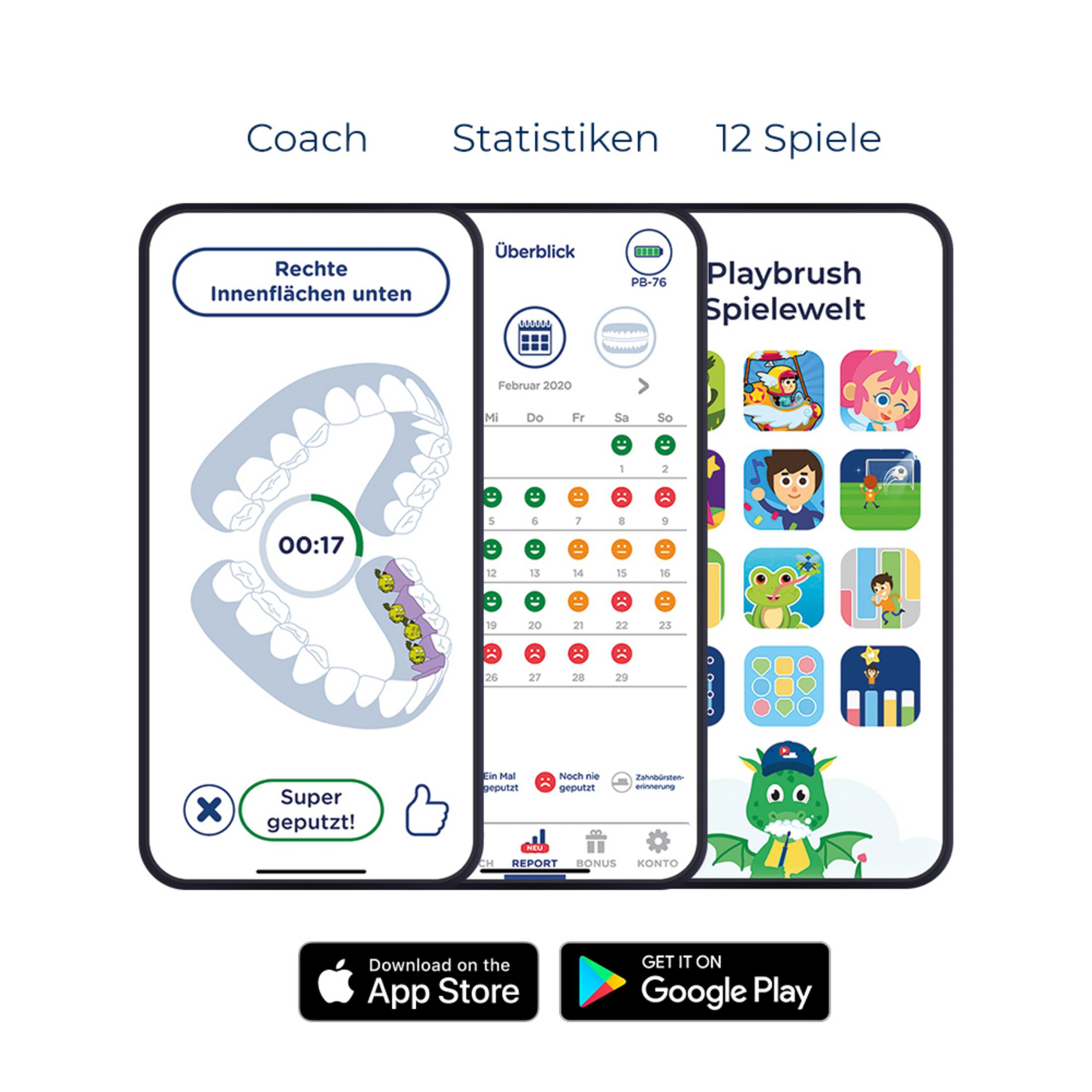 Tre smartphone mostrano diverse schermate di un'app di spazzolatura con coaching, statistiche e giochi.
