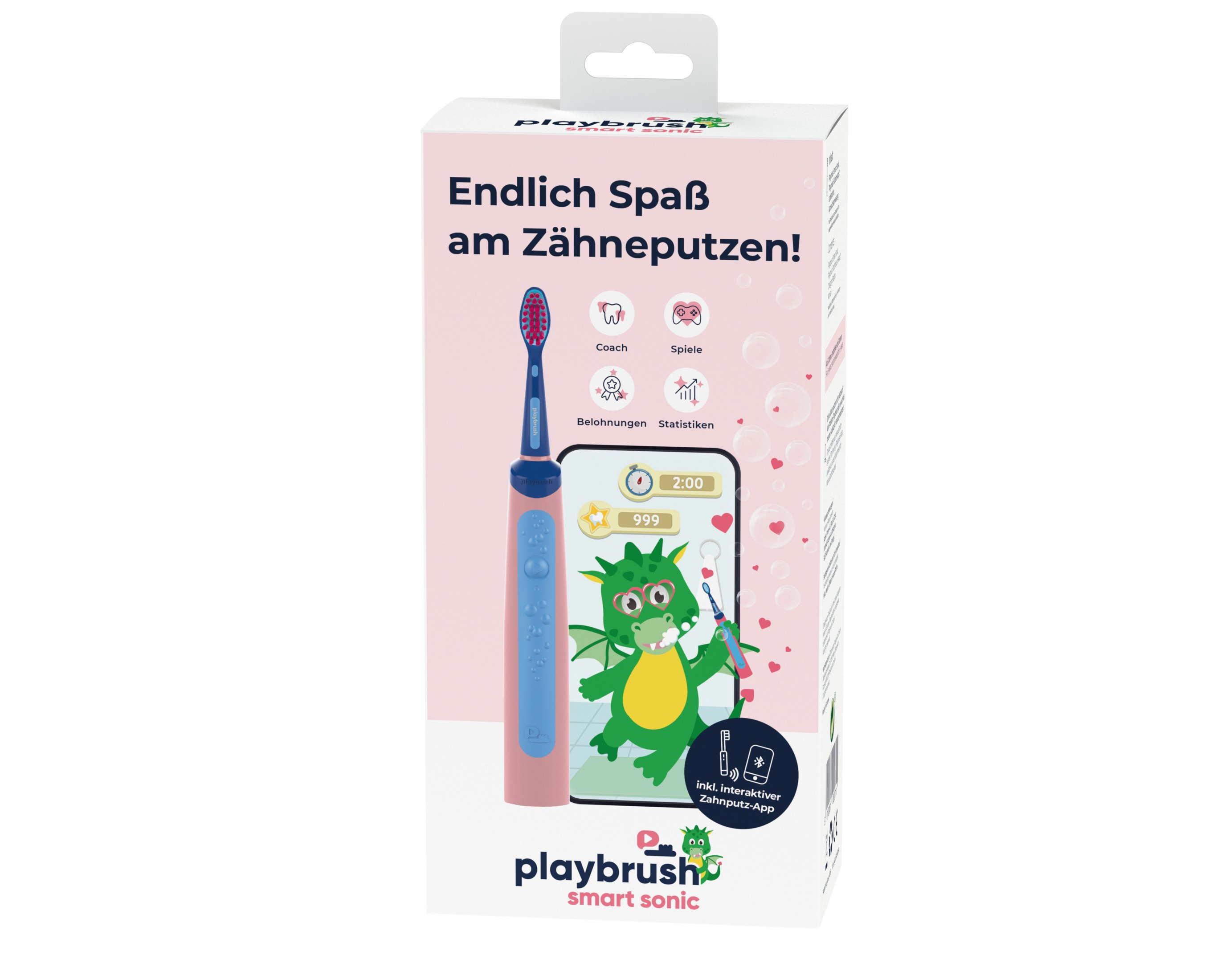 Scatola spazzolino Playbrush con manico rosa e blu e app con drago verde.