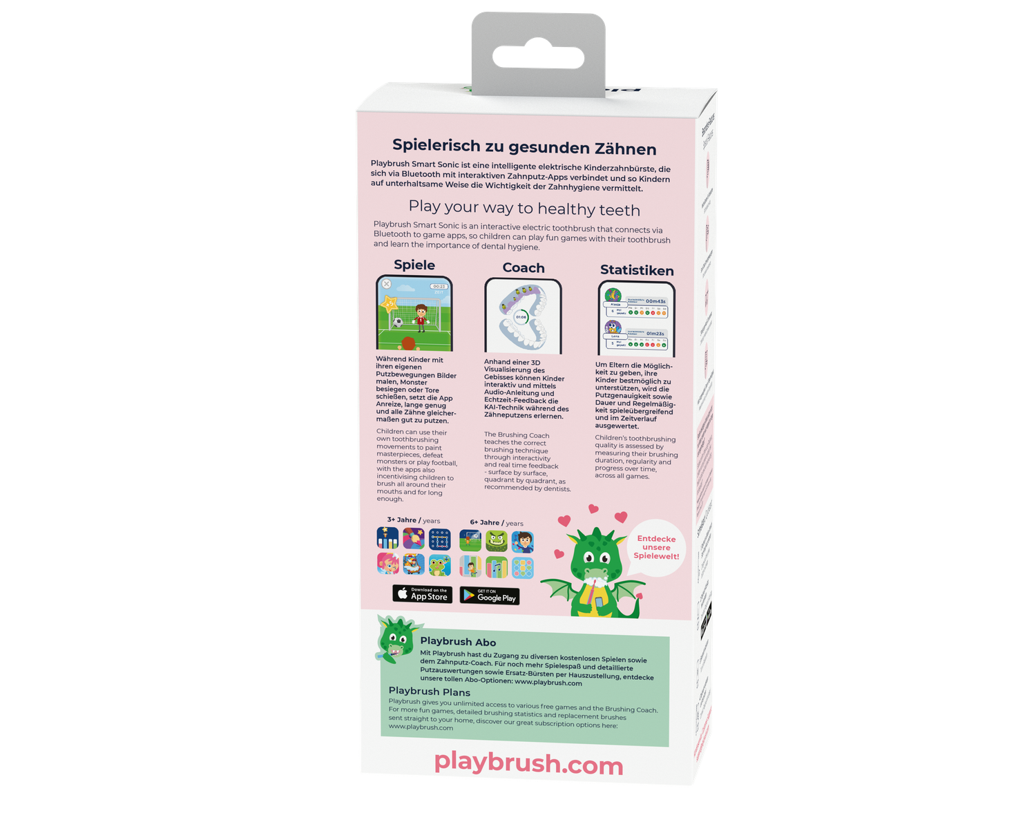 Retro della confezione di uno spazzolino Playbrush per bambini con giochi, allenatore e statistiche.
